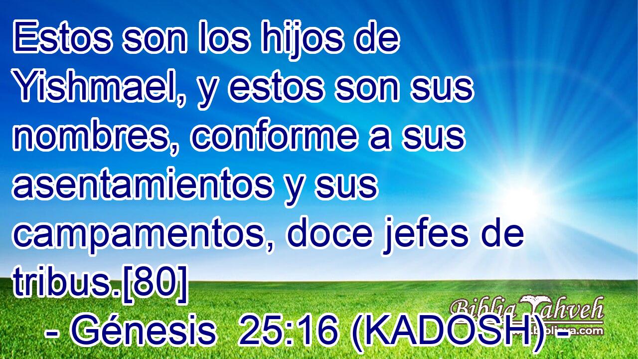  Estos son los hijos de Yishmael, y estos son sus nombres, conforme a sus asentamientos y sus campamentos, doce jefes de tribus.[80] 