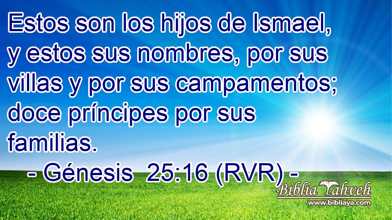 Estos son los hijos de Ismael, y estos sus nombres, por sus villas y por sus campamentos; doce príncipes por sus familias.