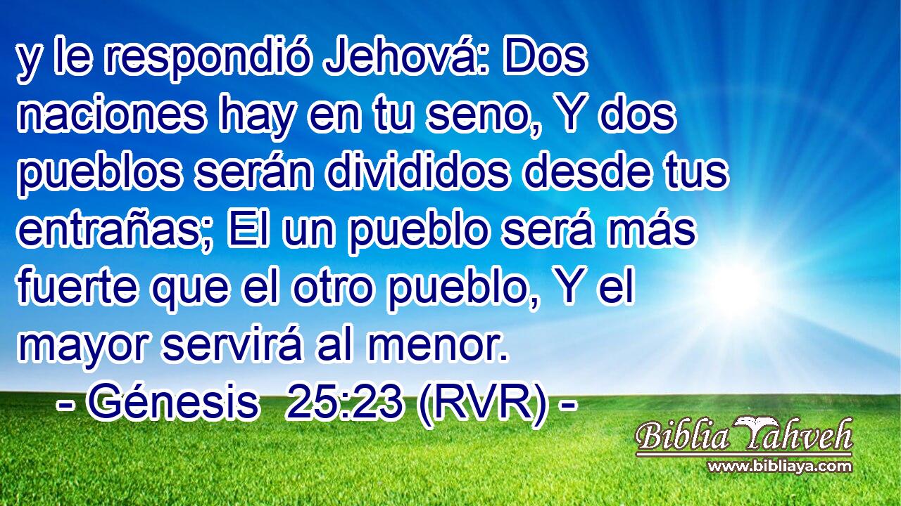 y le respondió Jehová: Dos naciones hay en tu seno, Y dos pueblos serán divididos desde tus entrañas; El un pueblo será más fuerte que el otro pueblo, Y el mayor servirá al menor.