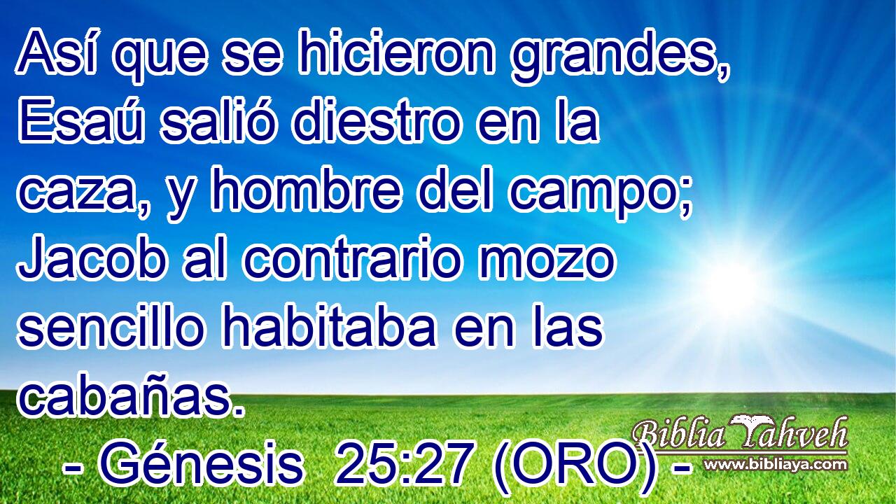  Así que se hicieron grandes, Esaú salió diestro en la caza, y hombre del campo; Jacob al contrario mozo sencillo habitaba en las cabañas. 