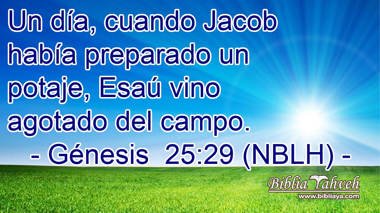  Un día, cuando Jacob había preparado un potaje, Esaú vino agotado del campo. 