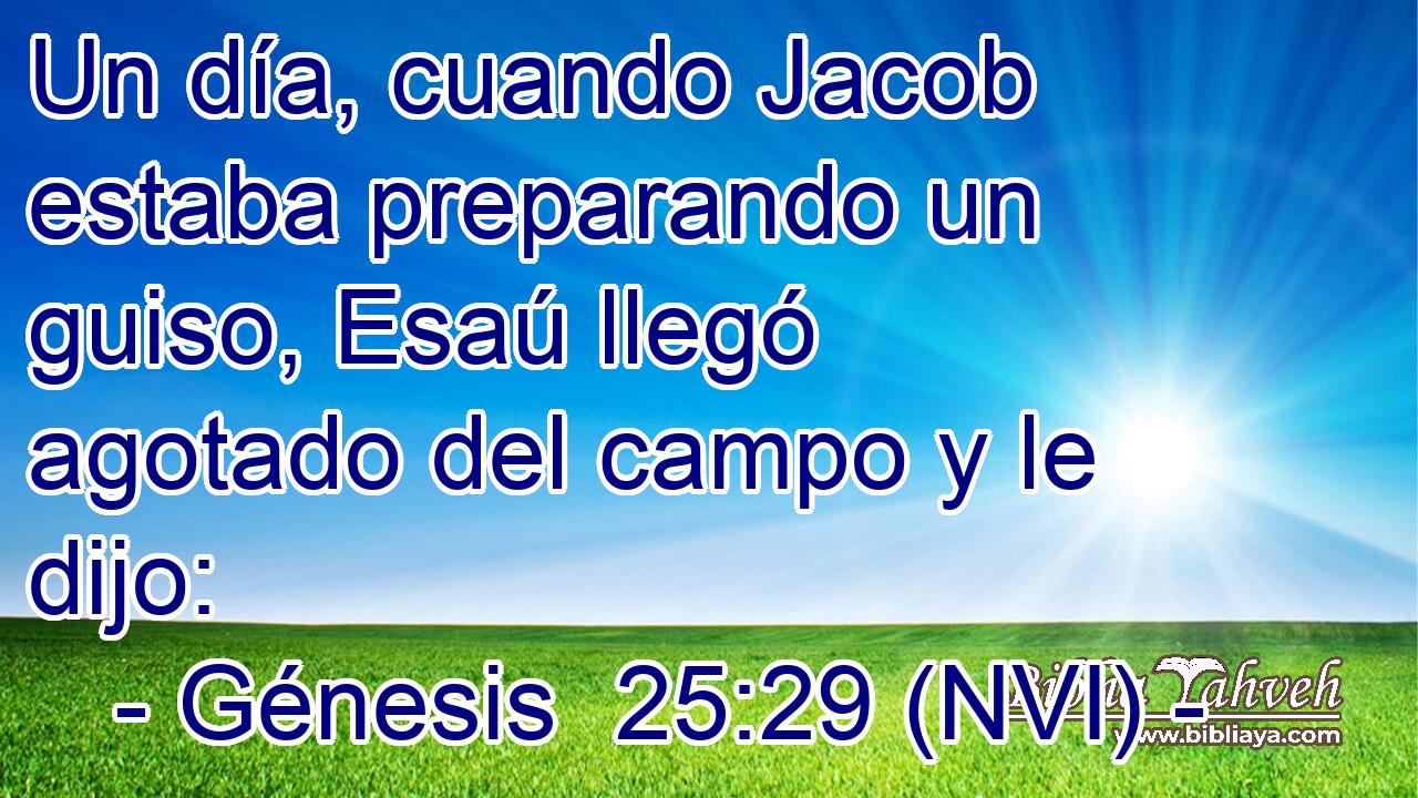 Un día, cuando Jacob estaba preparando un guiso, Esaú llegó agotado del campo y le dijo: 