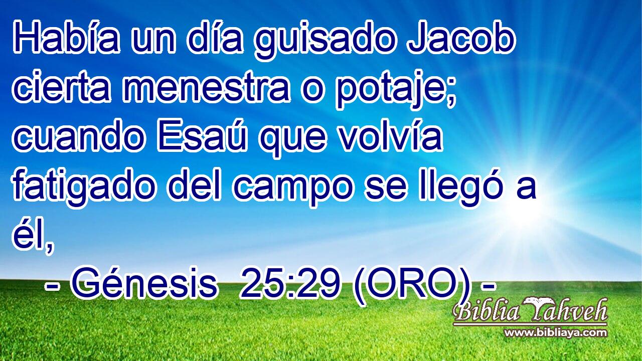  Había un día guisado Jacob cierta menestra o potaje; cuando Esaú que volvía fatigado del campo se llegó a él, 