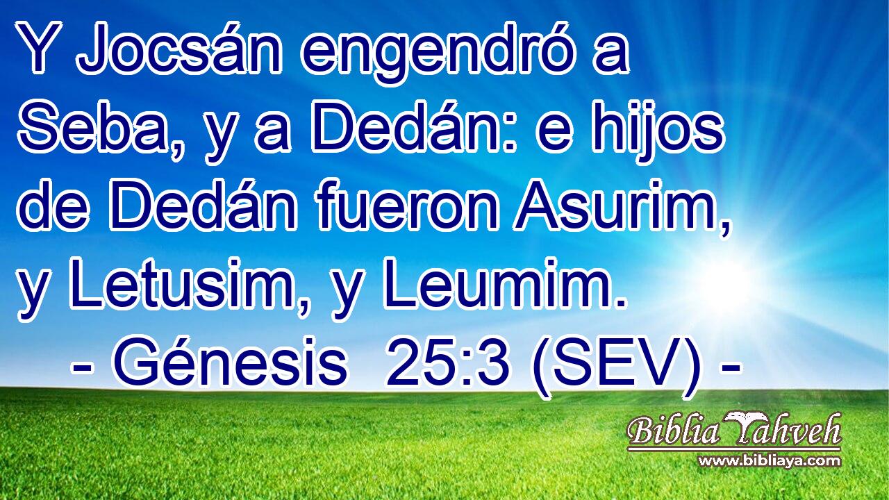Y Jocsán engendró a Seba, y a Dedán: e hijos de Dedán fueron Asurim, y Letusim, y Leumim.