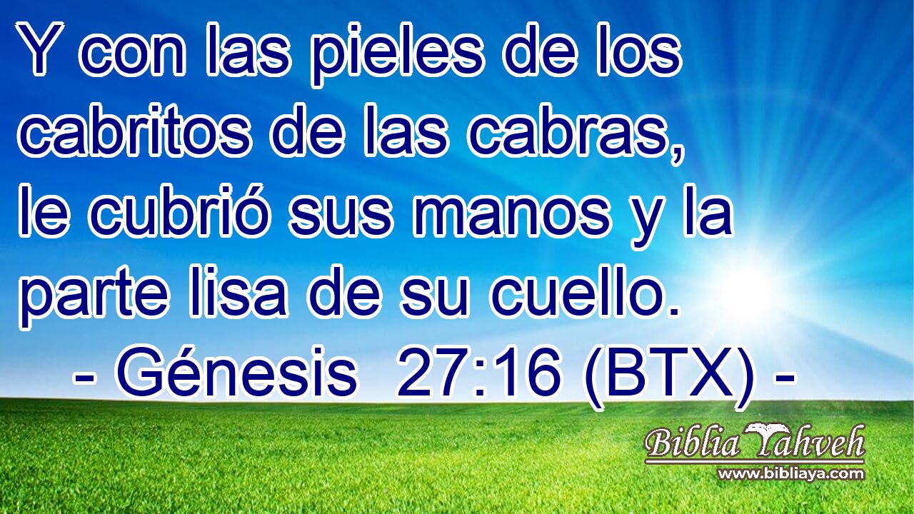 Y con las pieles de los cabritos de las cabras, le cubrió sus manos y la parte lisa de su cuello.