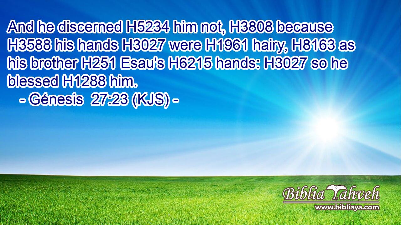 And he discerned H5234 him not, H3808 because H3588 his hands H3027 were H1961 hairy, H8163 as his brother H251 Esau's H6215 hands: H3027 so he blessed H1288 him.