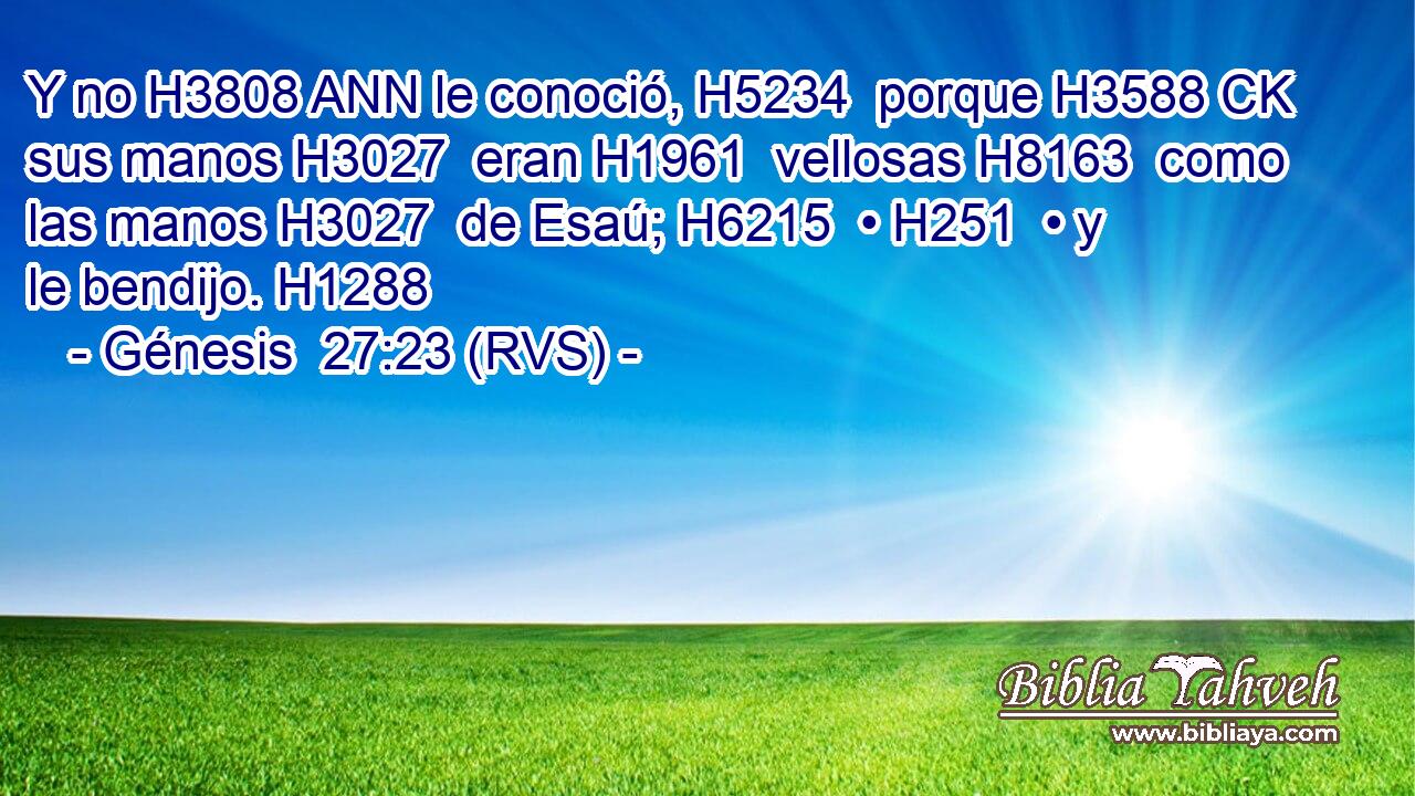 Y no H3808 ANN le conoció, H5234  porque H3588 CK sus manos H3027  eran H1961  vellosas H8163  como las manos H3027  de Esaú; H6215  • H251  • y le bendijo. H1288  