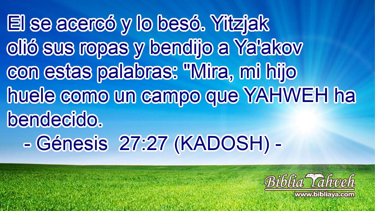  El se acercó y lo besó. Yitzjak olió sus ropas y bendijo a Ya'akov con estas palabras: 