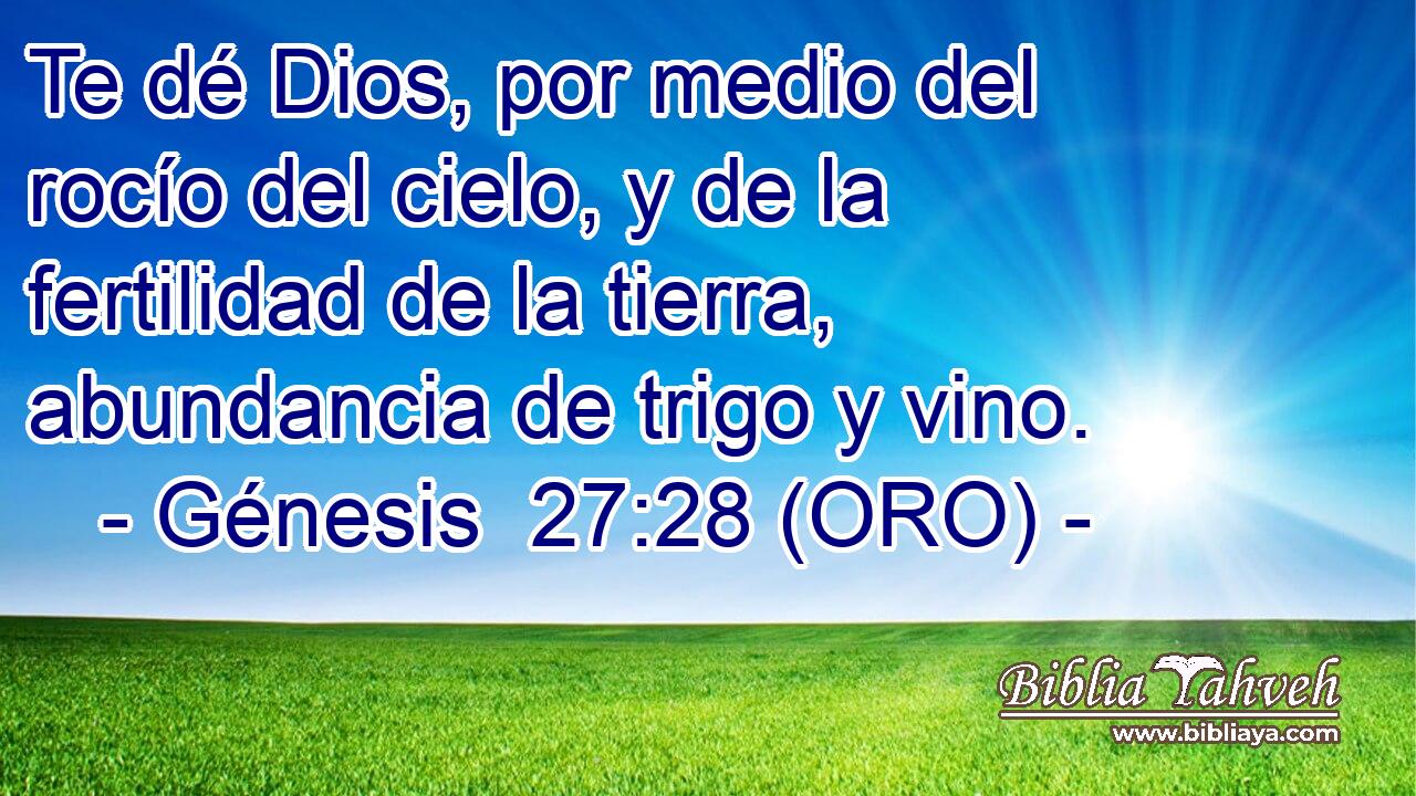  Te dé Dios, por medio del rocío del cielo, y de la fertilidad de la tierra, abundancia de trigo y vino. 