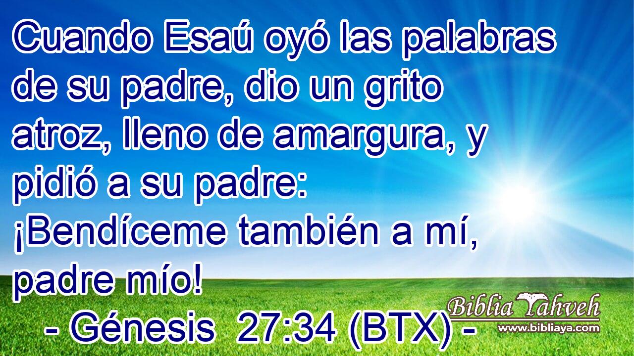Cuando Esaú oyó las palabras de su padre, dio un grito atroz, lleno de amargura, y pidió a su padre: ¡Bendíceme también a mí, padre mío!
