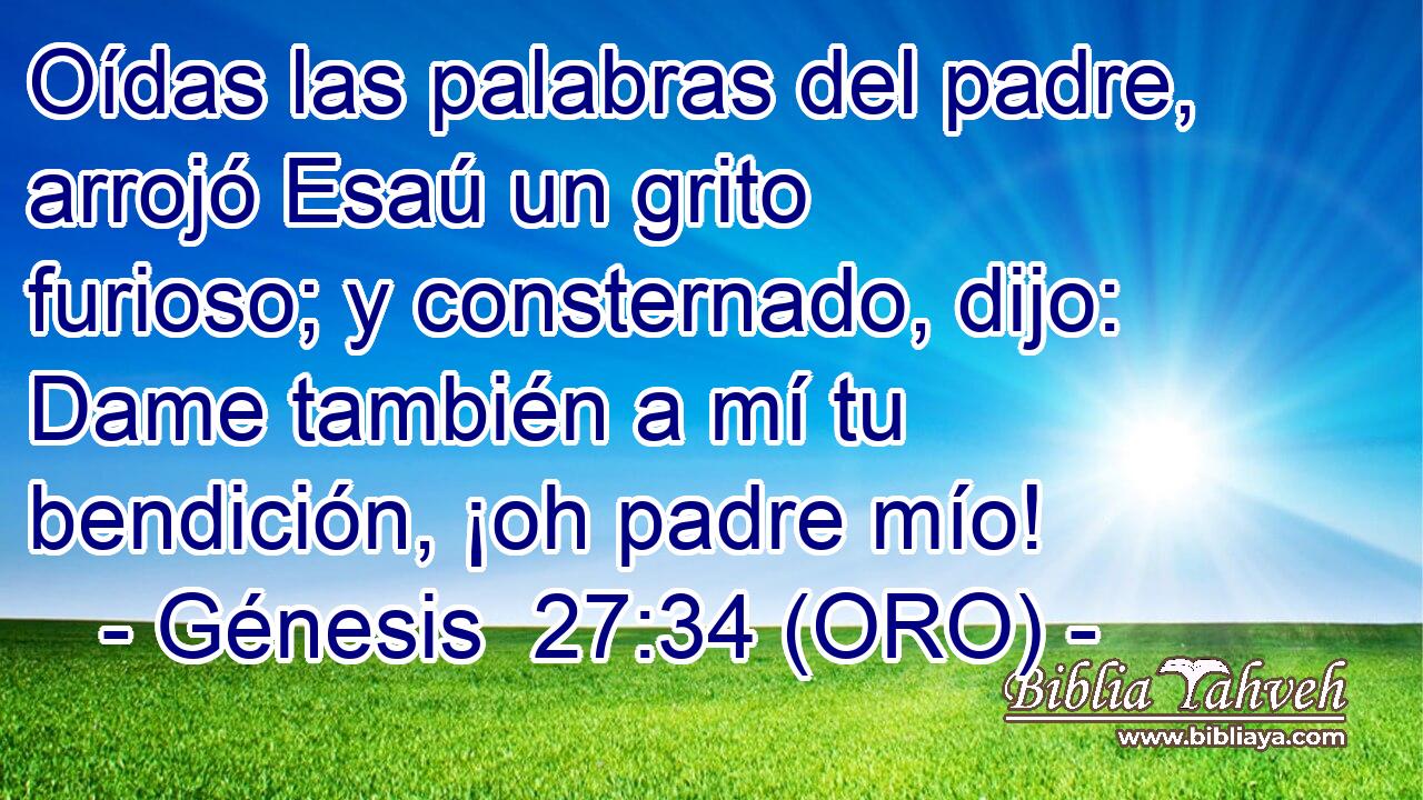  Oídas las palabras del padre, arrojó Esaú un grito furioso; y consternado, dijo: Dame también a mí tu bendición, ¡oh padre mío! 