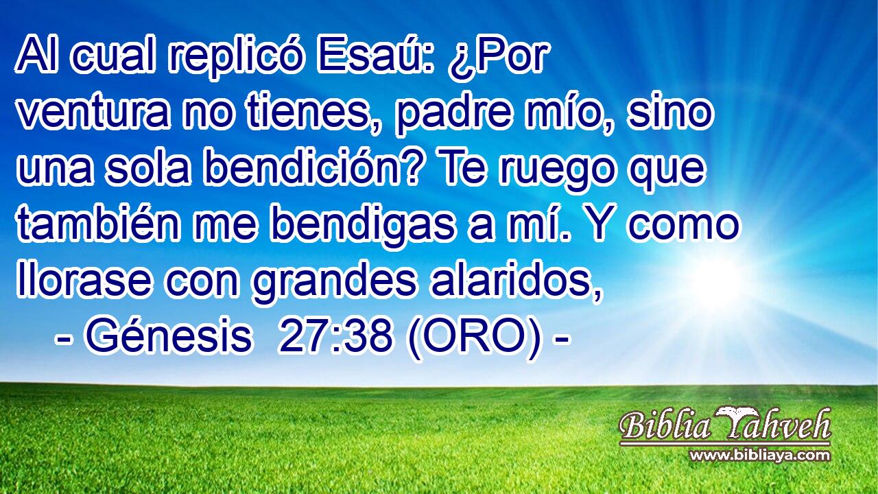  Al cual replicó Esaú: ¿Por ventura no tienes, padre mío, sino una sola bendición? Te ruego que también me bendigas a mí. Y como llorase con grandes alaridos, 