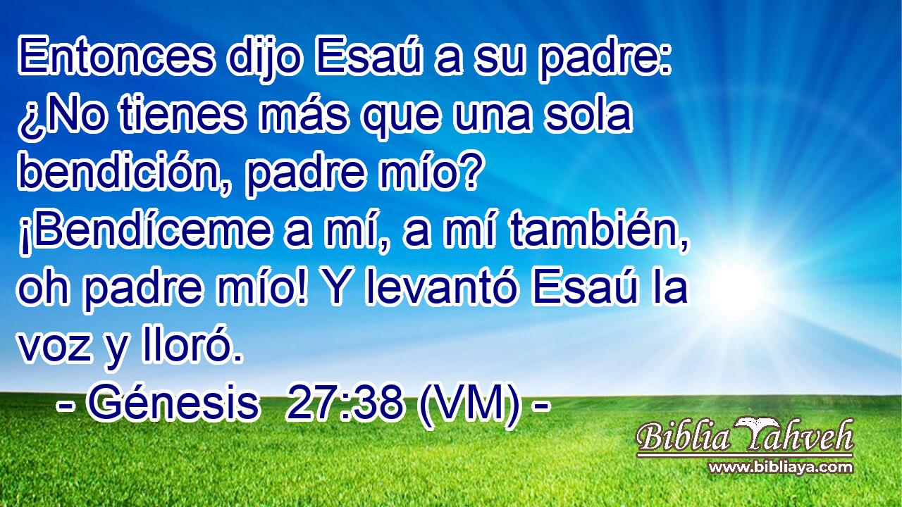  Entonces dijo Esaú a su padre: ¿No tienes más que una sola bendición, padre mío? ¡Bendíceme a mí, a mí también, oh padre mío! Y levantó Esaú la voz y lloró. 