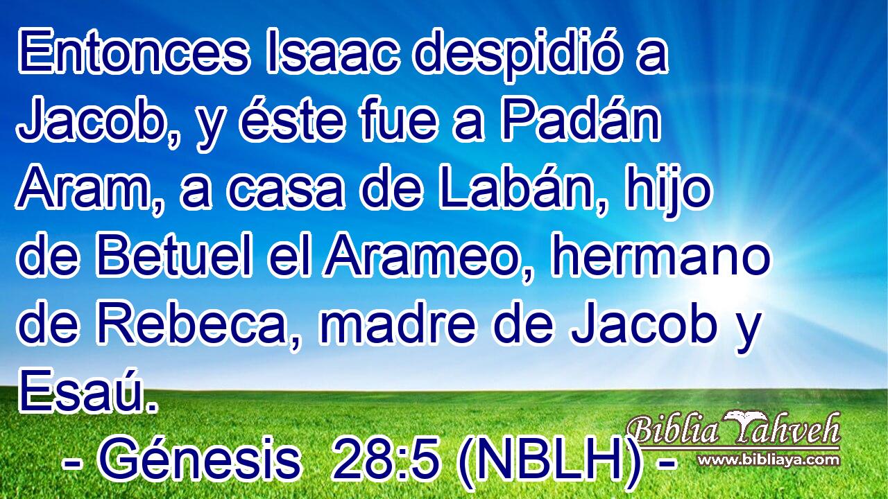  Entonces Isaac despidió a Jacob, y éste fue a Padán Aram, a casa de Labán, hijo de Betuel el Arameo, hermano de Rebeca, madre de Jacob y Esaú. 