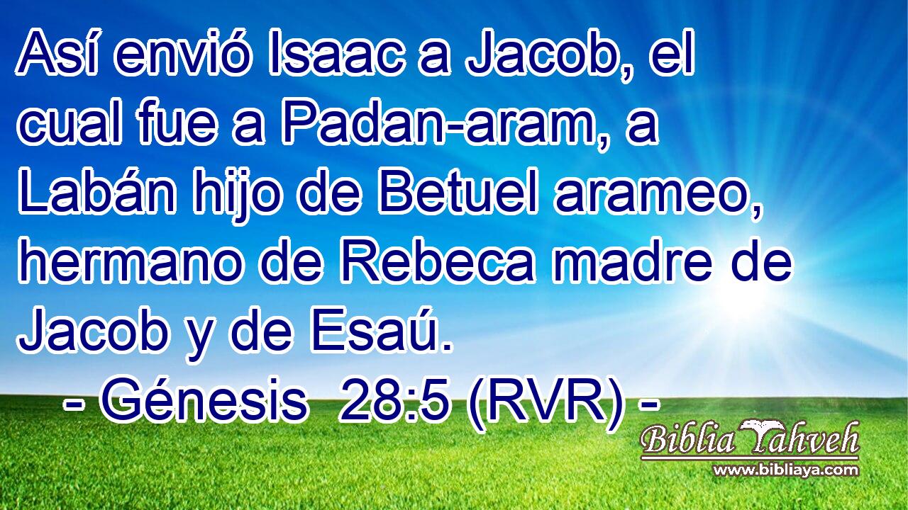 Así envió Isaac a Jacob, el cual fue a Padan-aram, a Labán hijo de Betuel arameo, hermano de Rebeca madre de Jacob y de Esaú.