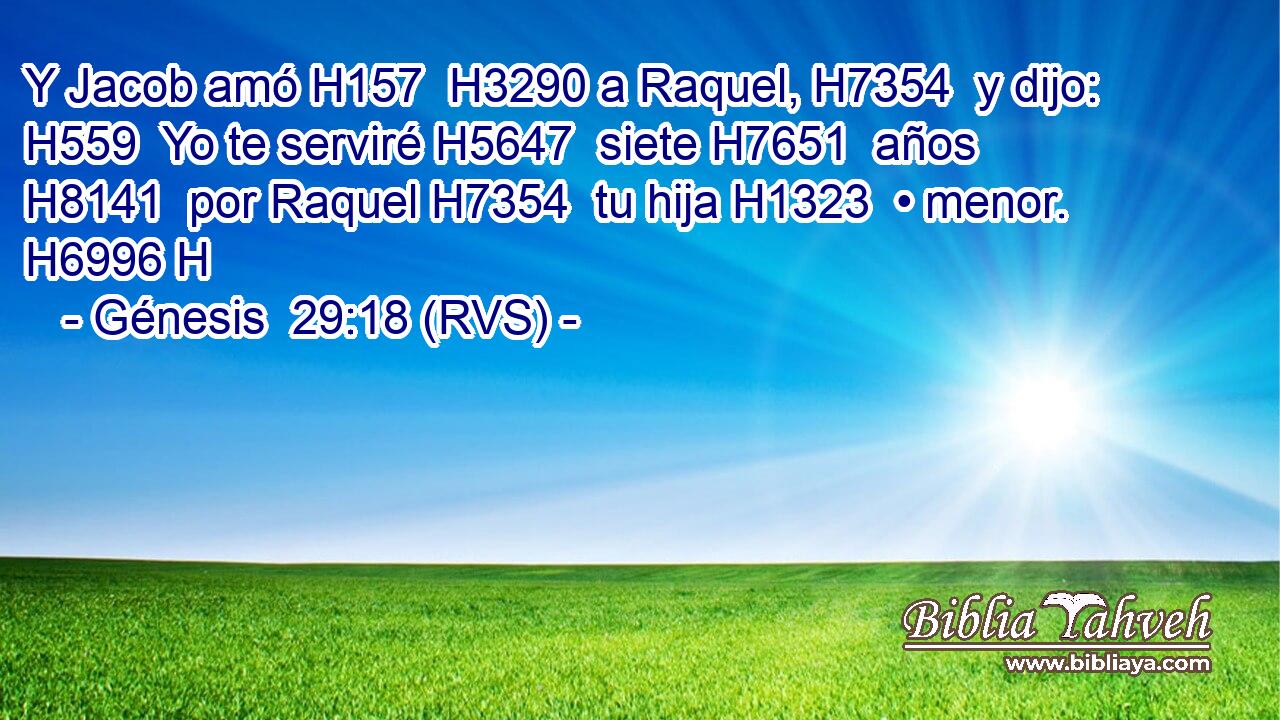 Y Jacob amó H157  H3290 a Raquel, H7354  y dijo: H559  Yo te serviré H5647  siete H7651  años H8141  por Raquel H7354  tu hija H1323  • menor. H6996 H 