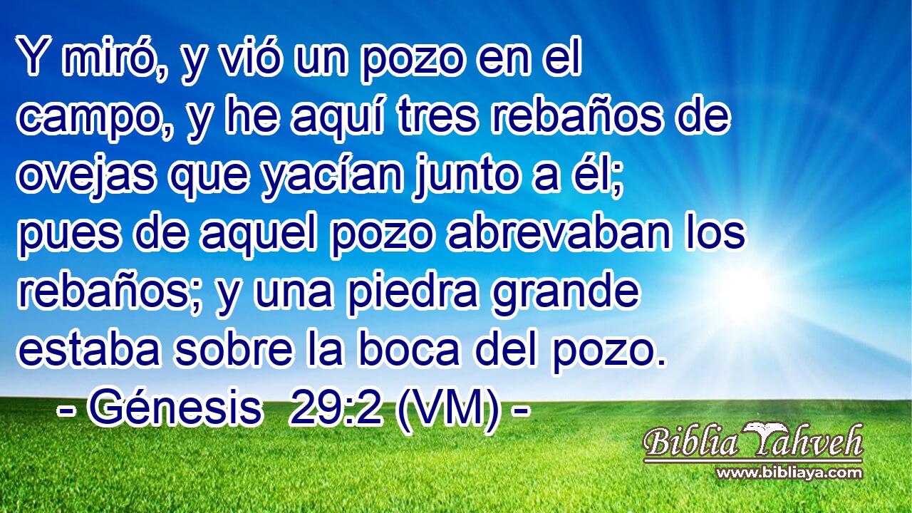  Y miró, y vió un pozo en el campo, y he aquí tres rebaños de ovejas que yacían junto a él; pues de aquel pozo abrevaban los rebaños; y una piedra grande estaba sobre la boca del pozo. 
