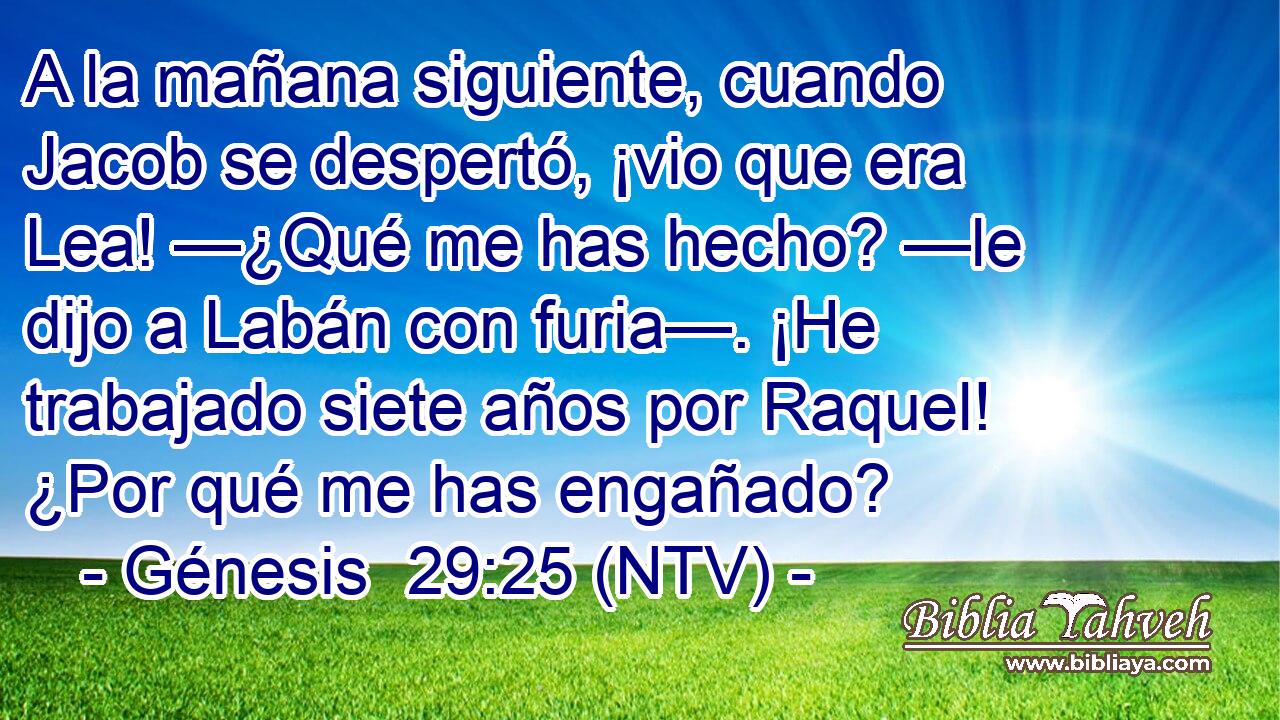 A la mañana siguiente, cuando Jacob se despertó, ¡vio que era Lea! —¿Qué me has hecho? —le dijo a Labán con furia—. ¡He trabajado siete años por Raquel! ¿Por qué me has engañado?