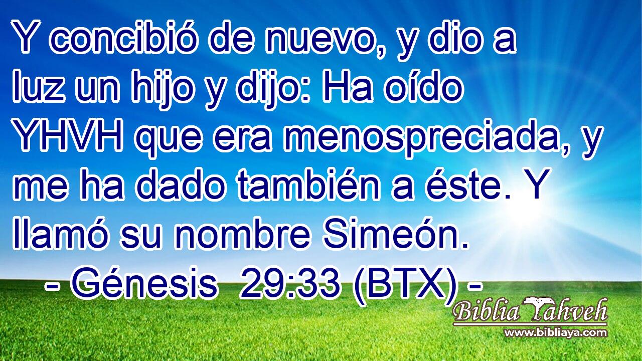 Y concibió de nuevo, y dio a luz un hijo y dijo: Ha oído YHVH que era menospreciada, y me ha dado también a éste. Y llamó su nombre Simeón.