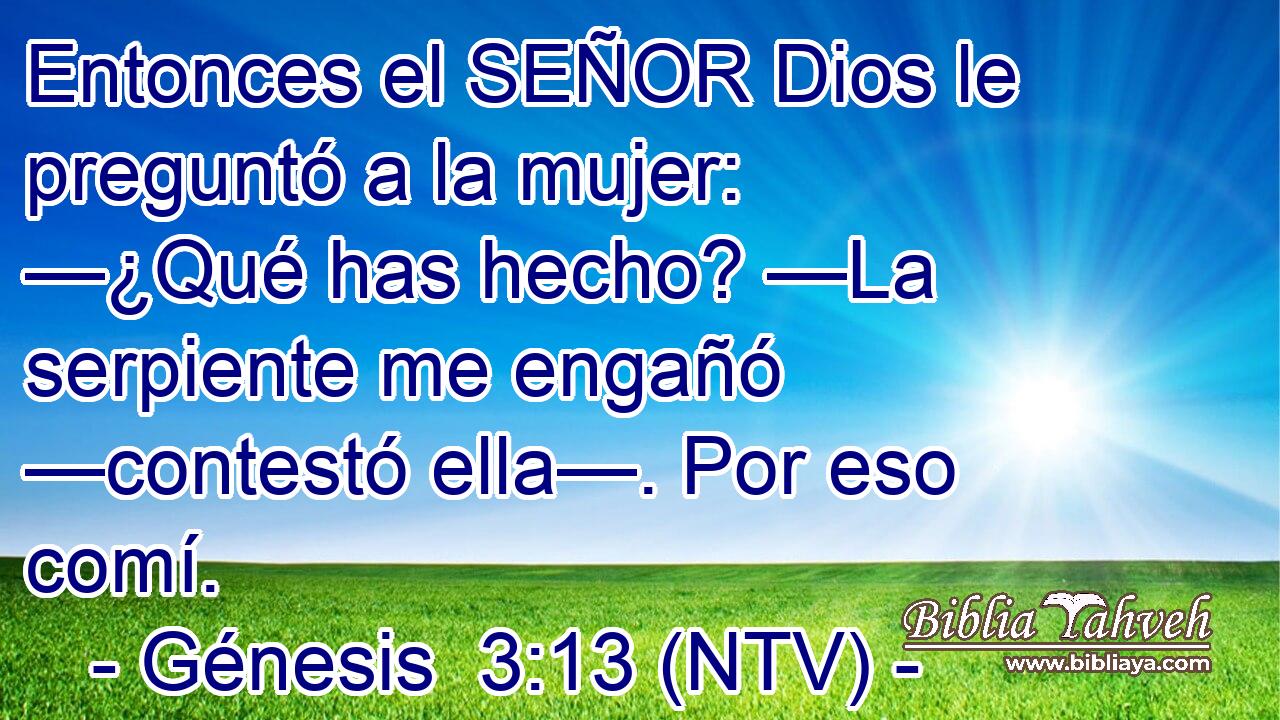 Entonces el SEÑOR Dios le preguntó a la mujer: —¿Qué has hecho? —La serpiente me engañó —contestó ella—. Por eso comí.