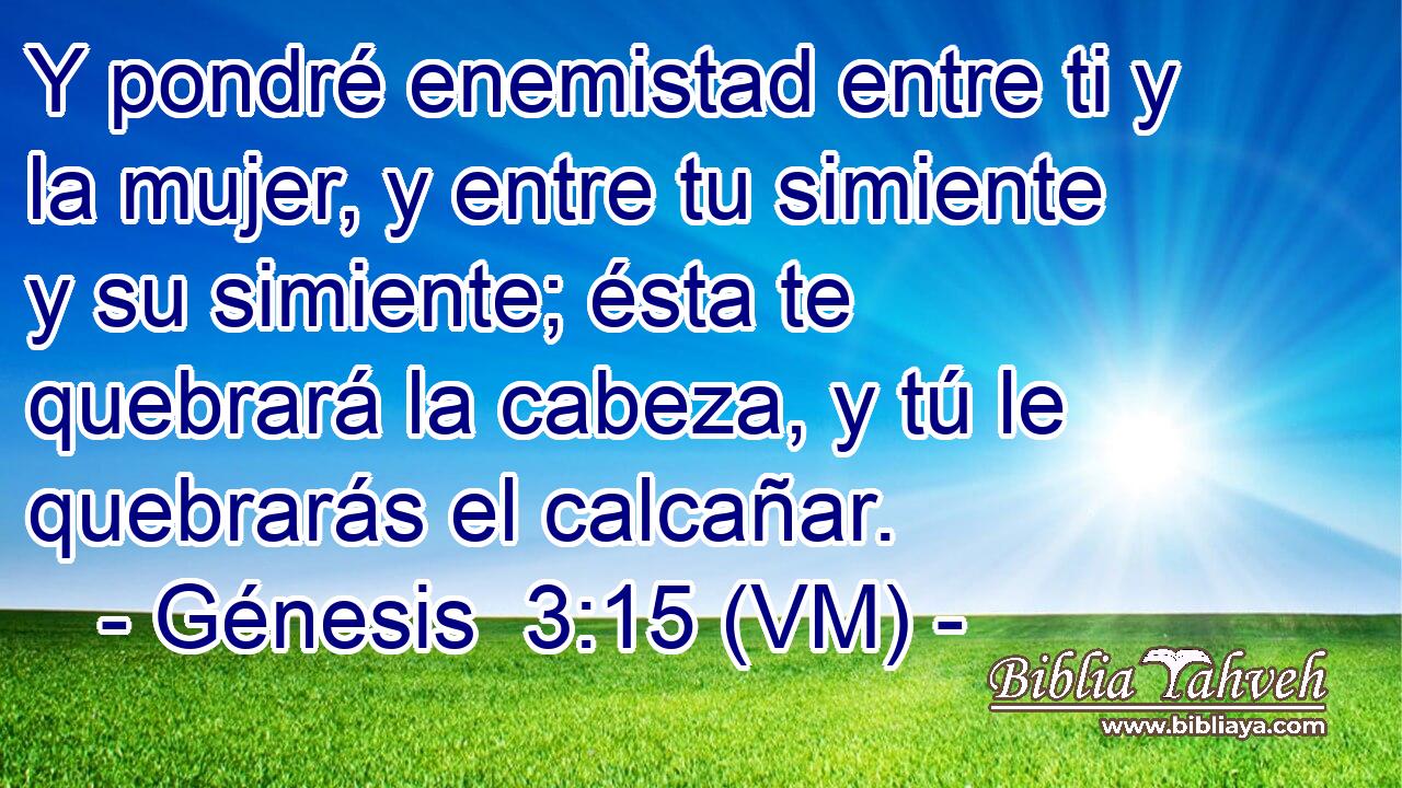  Y pondré enemistad entre ti y la mujer, y entre tu simiente y su simiente; ésta te quebrará la cabeza, y tú le quebrarás el calcañar. 