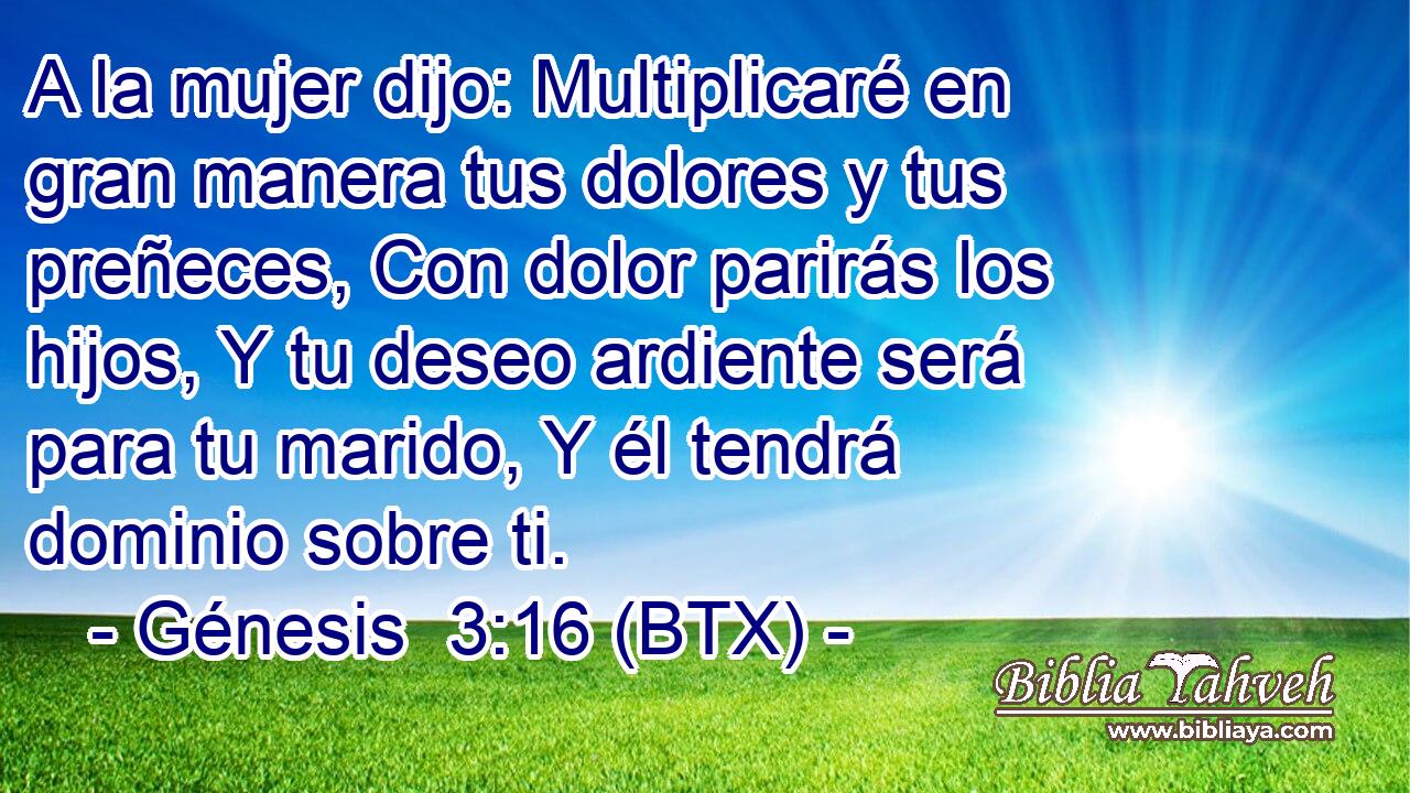 A la mujer dijo: Multiplicaré en gran manera tus dolores y tus preñeces, Con dolor parirás los hijos, Y tu deseo ardiente será para tu marido, Y él tendrá dominio sobre ti.