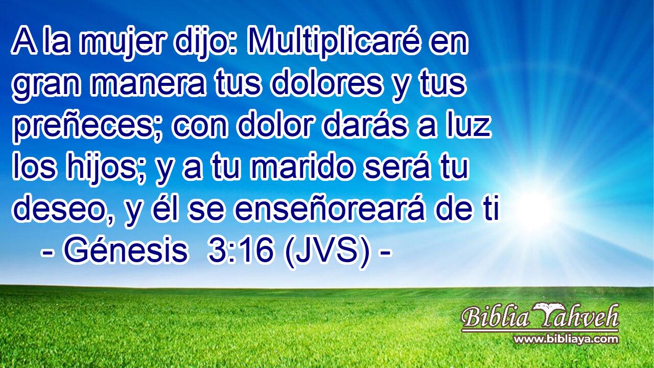 A la mujer dijo: Multiplicaré en gran manera tus dolores y tus preñeces; con dolor darás a luz los hijos; y a tu marido será tu deseo, y él se enseñoreará de ti