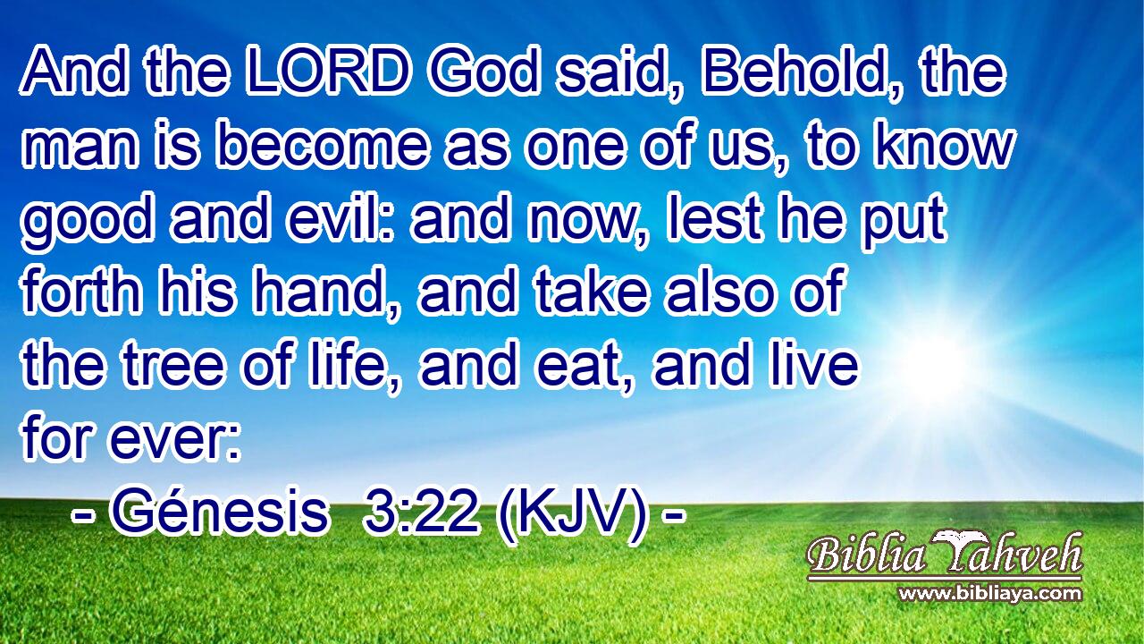 And the LORD God said, Behold, the man is become as one of us, to know good and evil: and now, lest he put forth his hand, and take also of the tree of life, and eat, and live for ever: