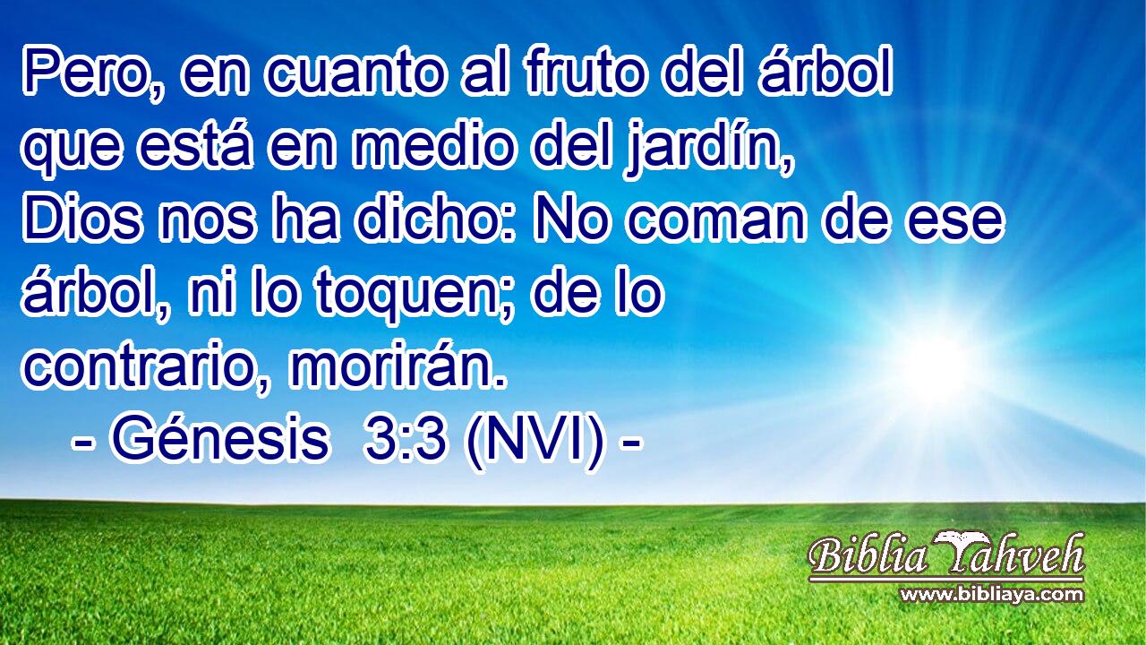  Pero, en cuanto al fruto del árbol que está en medio del jardín, Dios nos ha dicho: No coman de ese árbol, ni lo toquen; de lo contrario, morirán. 