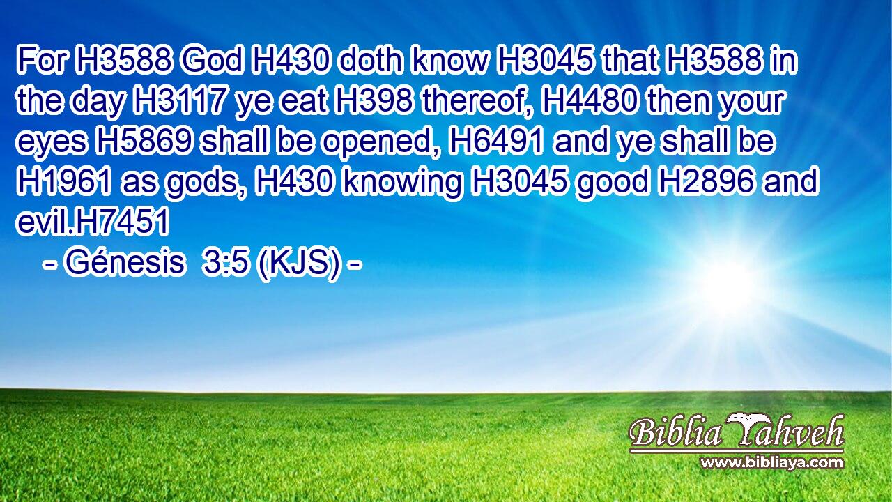For H3588 God H430 doth know H3045 that H3588 in the day H3117 ye eat H398 thereof, H4480 then your eyes H5869 shall be opened, H6491 and ye shall be H1961 as gods, H430 knowing H3045 good H2896 and evil.H7451