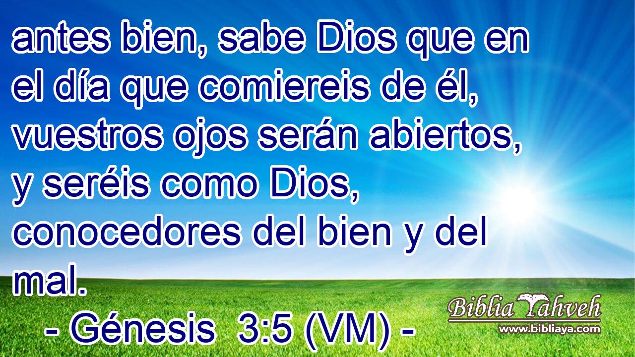  antes bien, sabe Dios que en el día que comiereis de él, vuestros ojos serán abiertos, y seréis como Dios, conocedores del bien y del mal. 