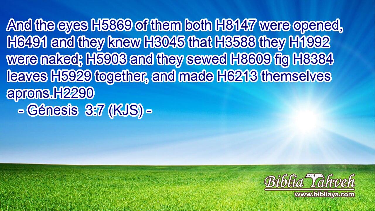 And the eyes H5869 of them both H8147 were opened, H6491 and they knew H3045 that H3588 they H1992 were naked; H5903 and they sewed H8609 fig H8384 leaves H5929 together, and made H6213 themselves aprons.H2290