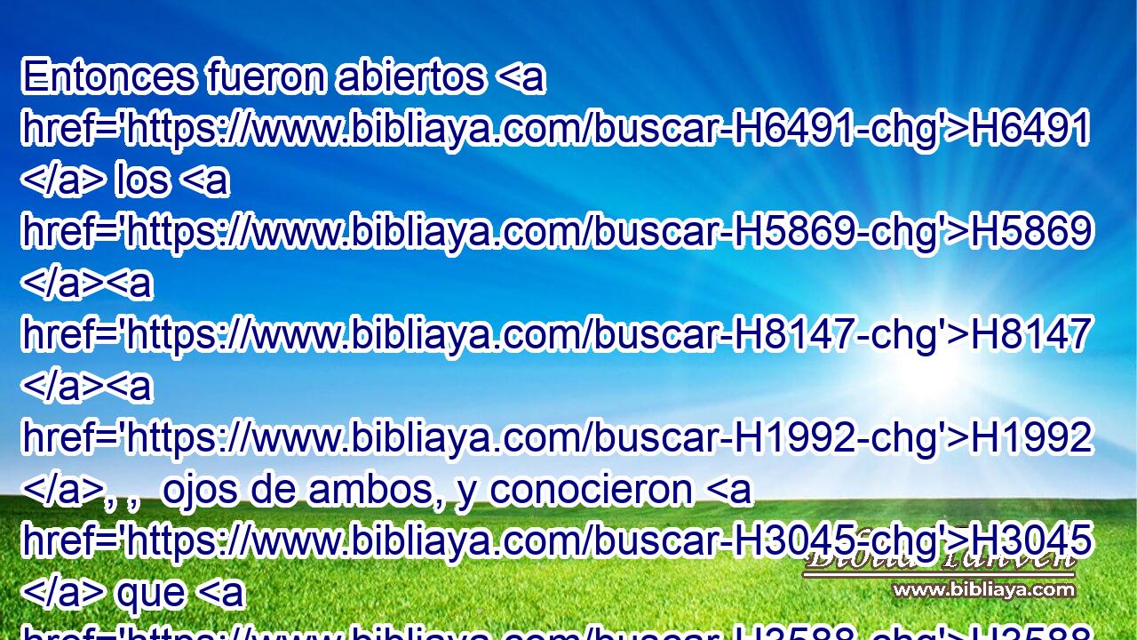 Entonces fueron abiertos H6491  los H5869 H8147 H1992 , ,  ojos de ambos, y conocieron H3045  que H3588 CK H5903 estaban desnudos; H1992 ,  entonces cosieron H8609  hojas H5929  de higuera, H8384  y H1992 Cc, PL,  se hicieron H6213  delantales. H2290  