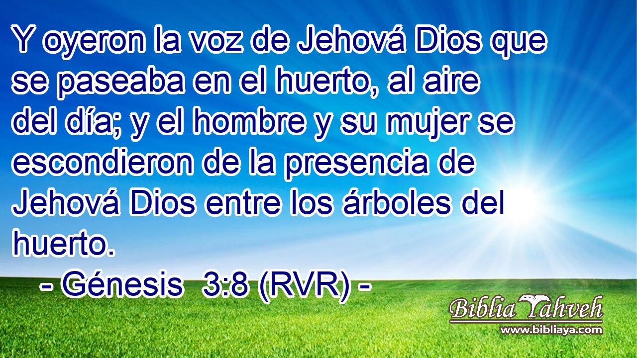 Y oyeron la voz de Jehová Dios que se paseaba en el huerto, al aire del día; y el hombre y su mujer se escondieron de la presencia de Jehová Dios entre los árboles del huerto.