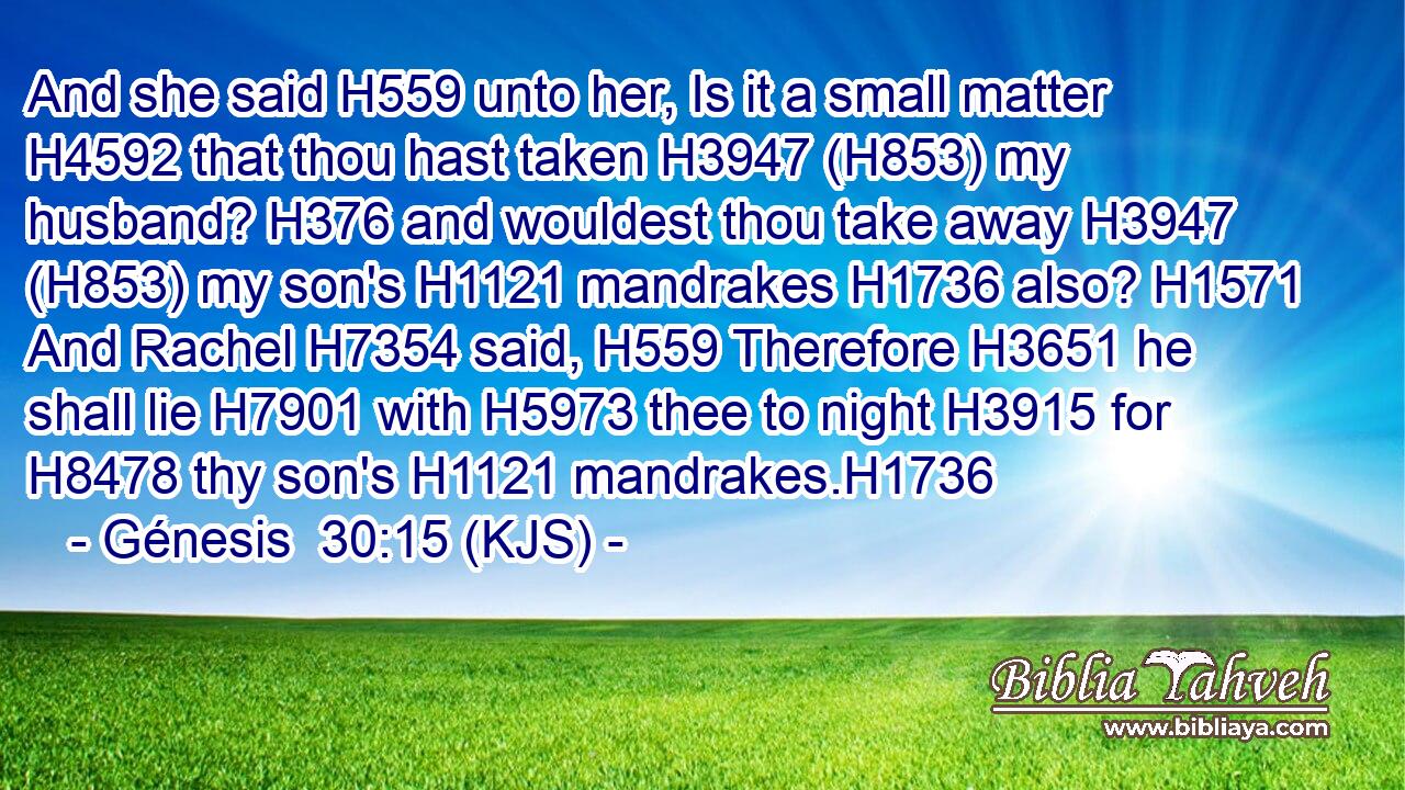 And she said H559 unto her, Is it a small matter H4592 that thou hast taken H3947 (H853) my husband? H376 and wouldest thou take away H3947 (H853) my son's H1121 mandrakes H1736 also? H1571 And Rachel H7354 said, H559 Therefore H3651 he shall lie H7901 with H5973 thee to night H3915 for H8478 thy son's H1121 mandrakes.H1736