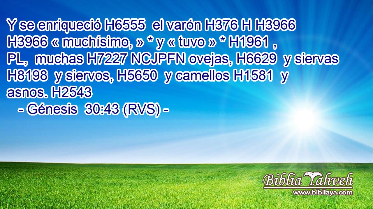 Y se enriqueció H6555  el varón H376 H H3966 H3966 « muchísimo, » * y « tuvo » * H1961 , PL,  muchas H7227 NCJPFN ovejas, H6629  y siervas H8198  y siervos, H5650  y camellos H1581  y asnos. H2543  