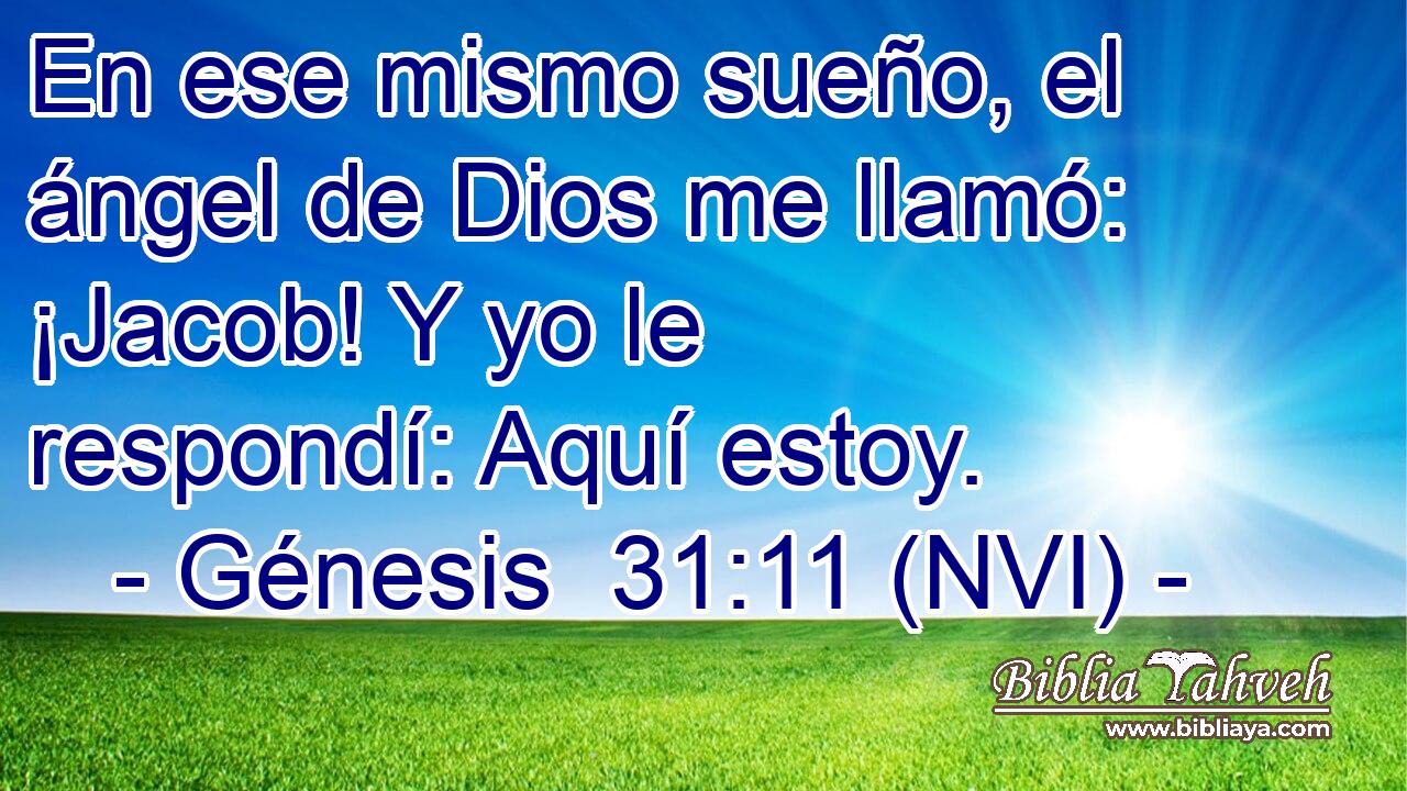  En ese mismo sueño, el ángel de Dios me llamó: ¡Jacob! Y yo le respondí: Aquí estoy. 