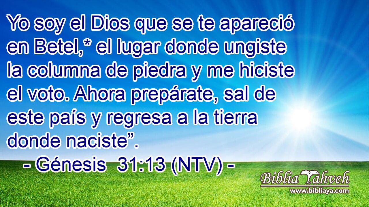 Yo soy el Dios que se te apareció en Betel,* el lugar donde ungiste la columna de piedra y me hiciste el voto. Ahora prepárate, sal de este país y regresa a la tierra donde naciste”.