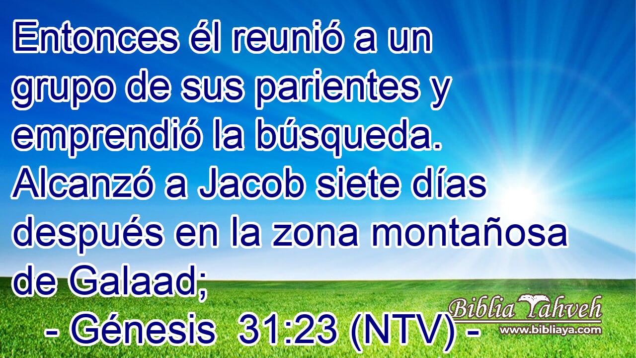 Entonces él reunió a un grupo de sus parientes y emprendió la búsqueda. Alcanzó a Jacob siete días después en la zona montañosa de Galaad;