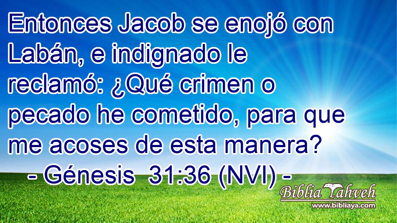  Entonces Jacob se enojó con Labán, e indignado le reclamó: ¿Qué crimen o pecado he cometido, para que me acoses de esta manera? 