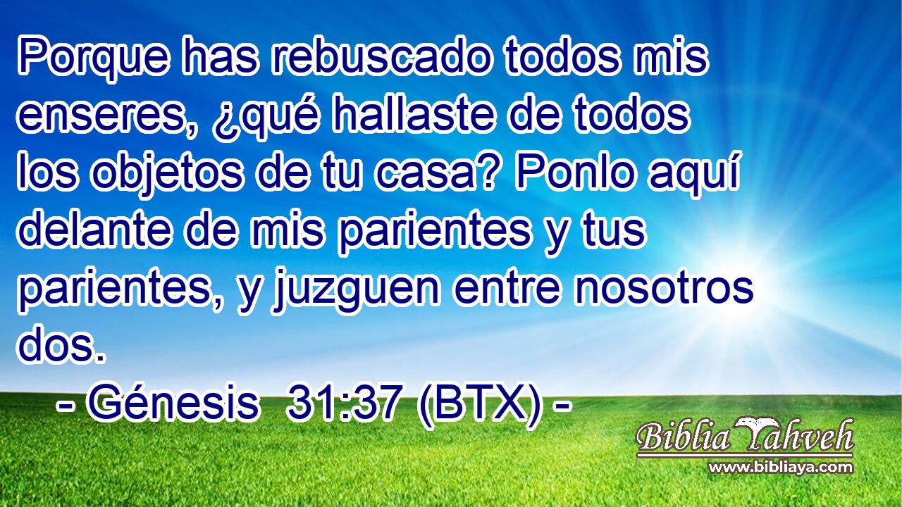 Porque has rebuscado todos mis enseres, ¿qué hallaste de todos los objetos de tu casa? Ponlo aquí delante de mis parientes y tus parientes, y juzguen entre nosotros dos.