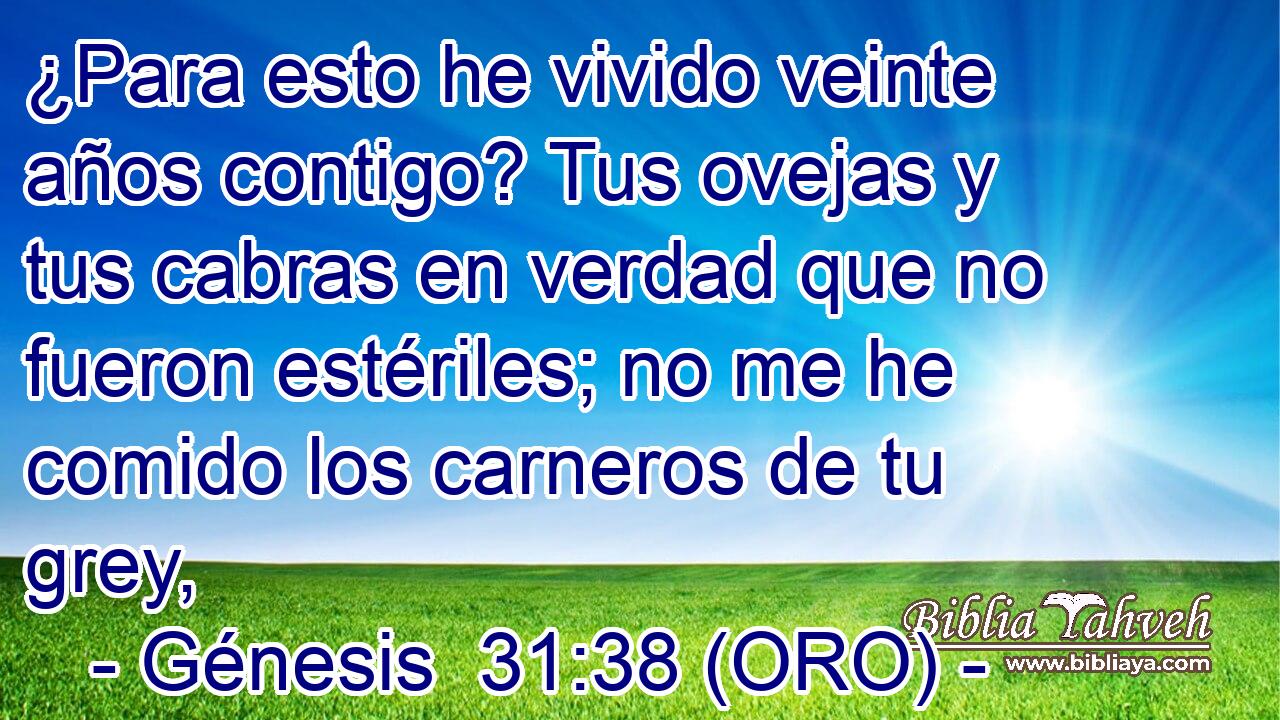  ¿Para esto he vivido veinte años contigo? Tus ovejas y tus cabras en verdad que no fueron estériles; no me he comido los carneros de tu grey, 