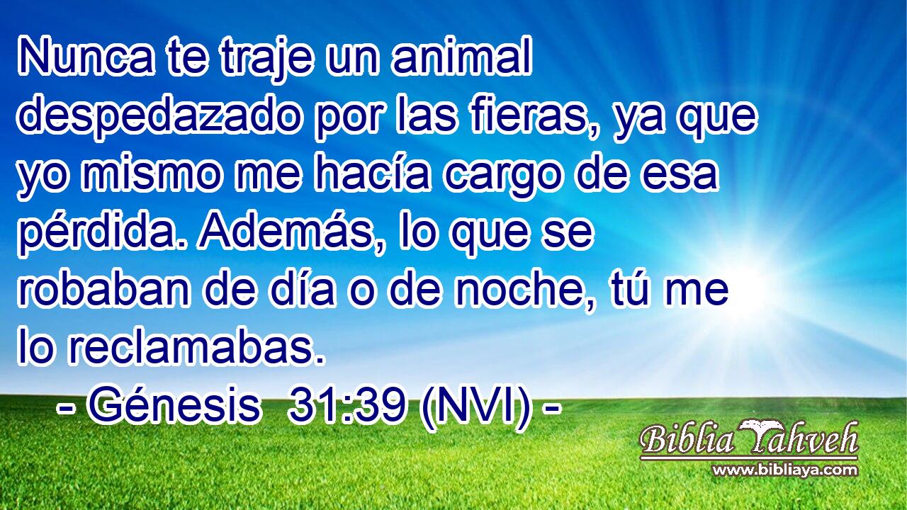  Nunca te traje un animal despedazado por las fieras, ya que yo mismo me hacía cargo de esa pérdida. Además, lo que se robaban de día o de noche, tú me lo reclamabas. 