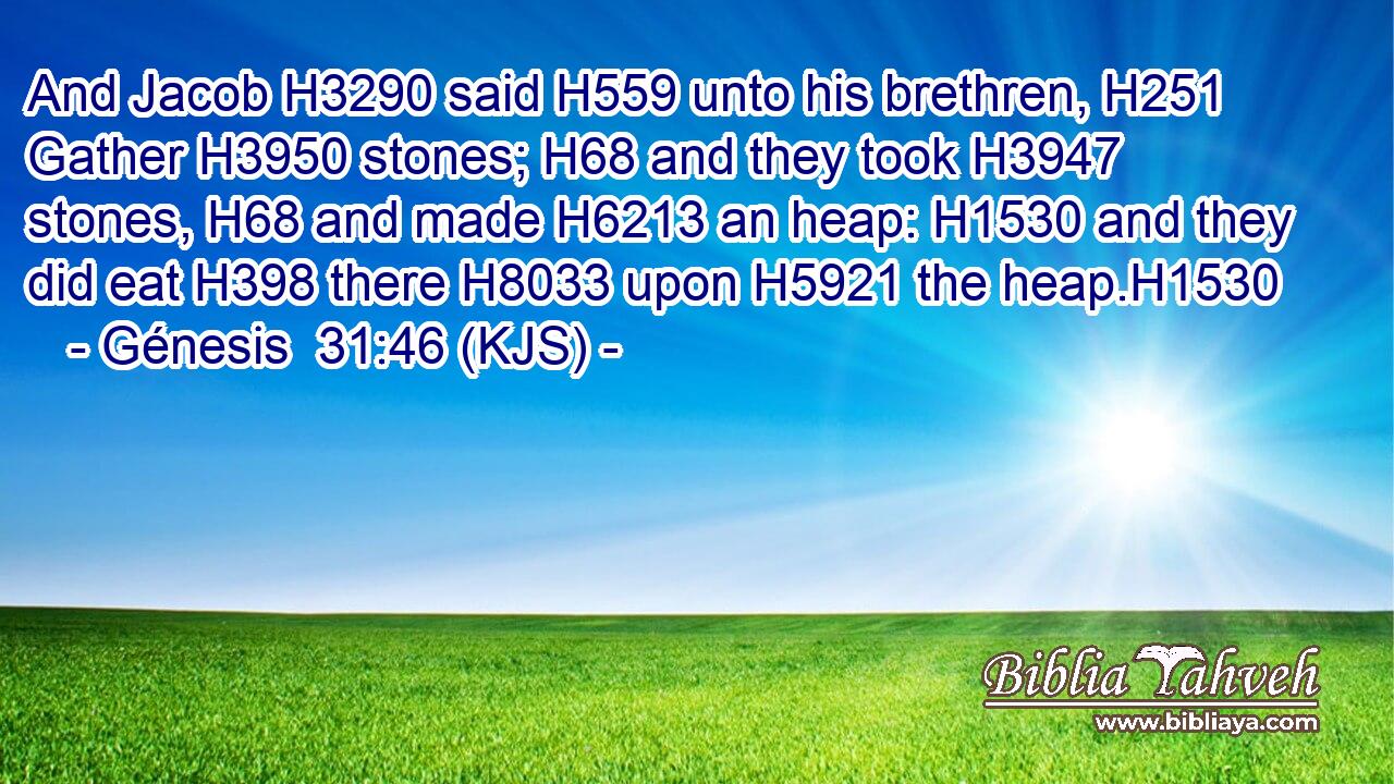 And Jacob H3290 said H559 unto his brethren, H251 Gather H3950 stones; H68 and they took H3947 stones, H68 and made H6213 an heap: H1530 and they did eat H398 there H8033 upon H5921 the heap.H1530