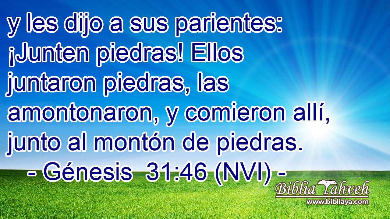 y les dijo a sus parientes: ¡Junten piedras! Ellos juntaron piedras, las amontonaron, y comieron allí, junto al montón de piedras. 