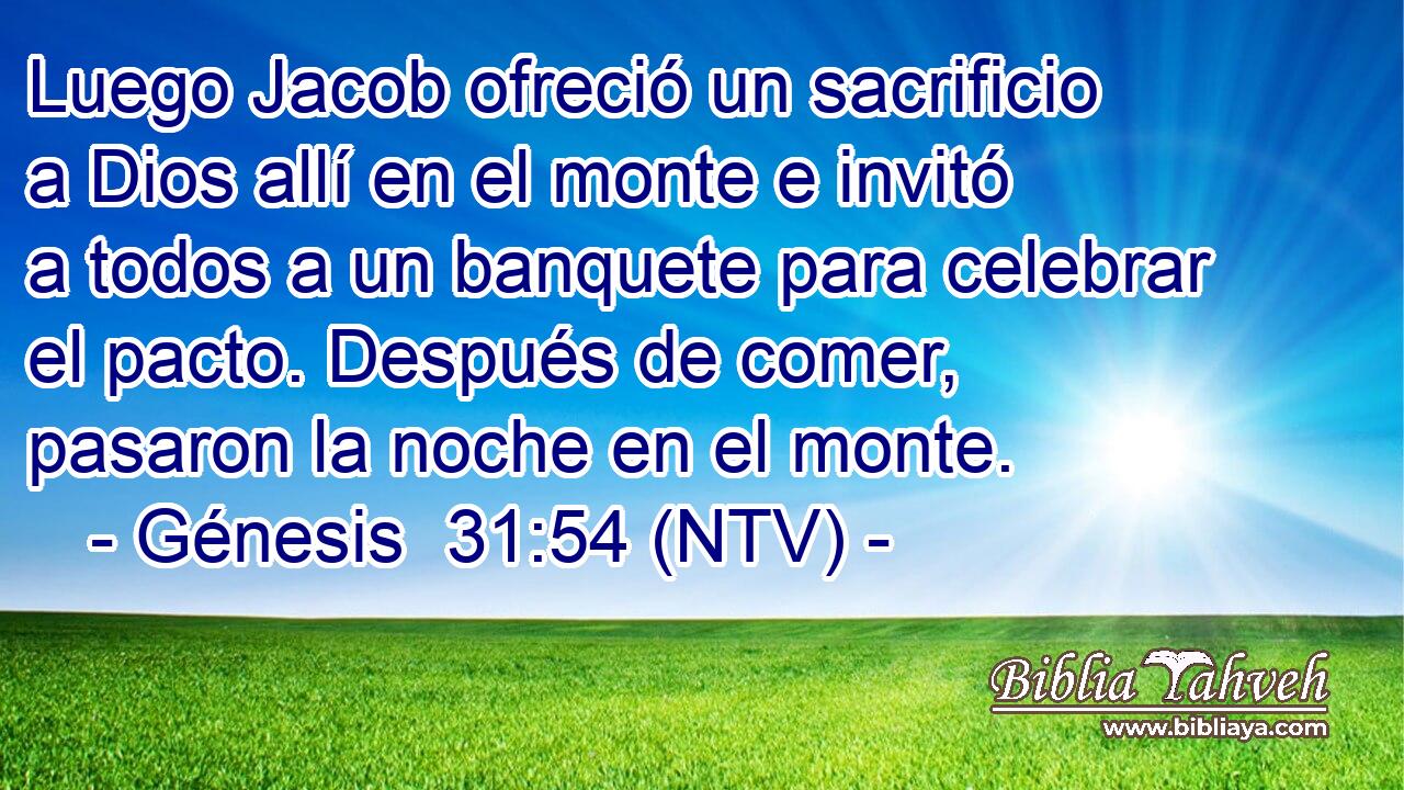Luego Jacob ofreció un sacrificio a Dios allí en el monte e invitó a todos a un banquete para celebrar el pacto. Después de comer, pasaron la noche en el monte.