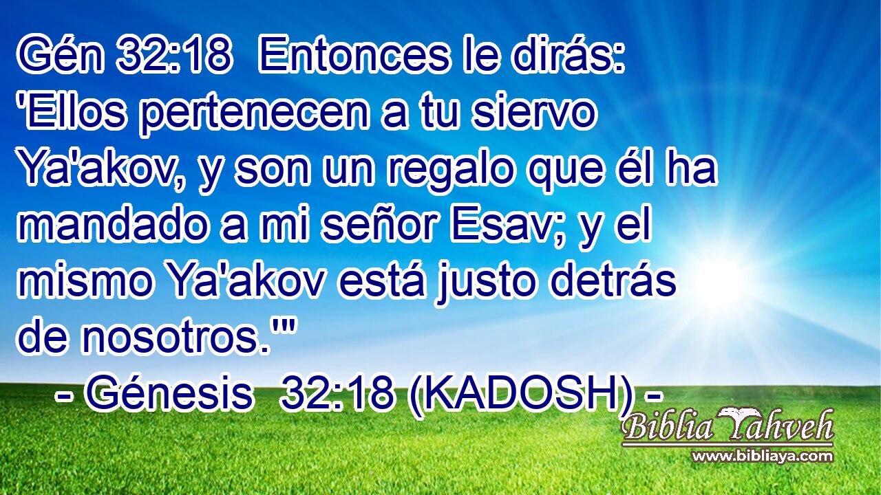  Entonces le dirás: 'Ellos pertenecen a tu siervo Ya'akov, y son un regalo que él ha mandado a mi señor Esav; y el mismo Ya'akov está justo detrás de nosotros.'
