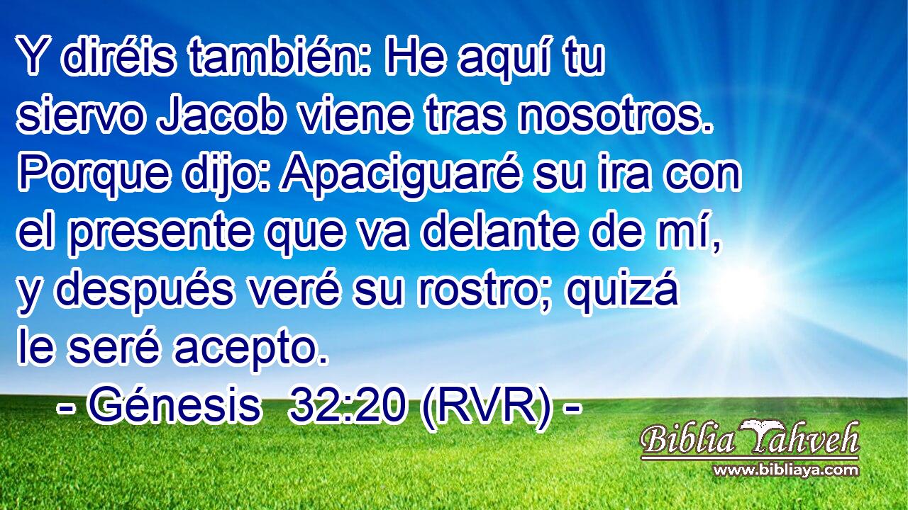 Y diréis también: He aquí tu siervo Jacob viene tras nosotros. Porque dijo: Apaciguaré su ira con el presente que va delante de mí, y después veré su rostro; quizá le seré acepto.