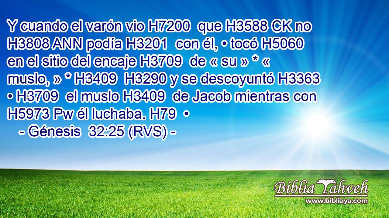 Y cuando el varón vio H7200  que H3588 CK no H3808 ANN podía H3201  con él, • tocó H5060  en el sitio del encaje H3709  de « su » * « muslo, » * H3409  H3290 y se descoyuntó H3363  • H3709  el muslo H3409  de Jacob mientras con H5973 Pw él luchaba. H79  • 