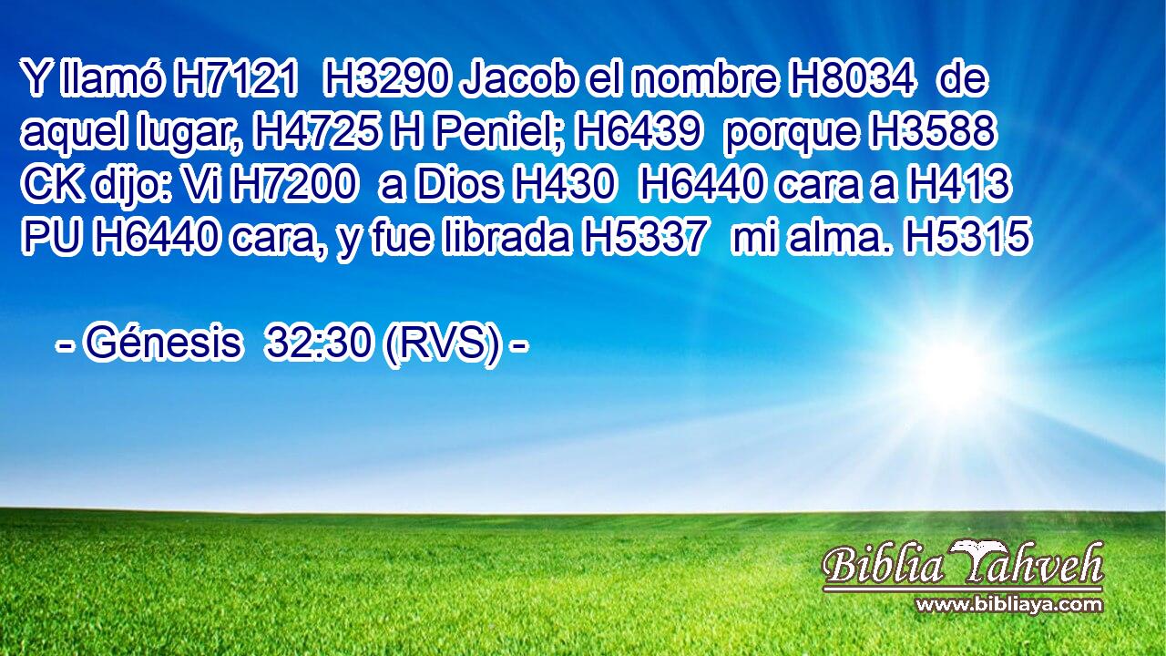 Y llamó H7121  H3290 Jacob el nombre H8034  de aquel lugar, H4725 H Peniel; H6439  porque H3588 CK dijo: Vi H7200  a Dios H430  H6440 cara a H413 PU H6440 cara, y fue librada H5337  mi alma. H5315  